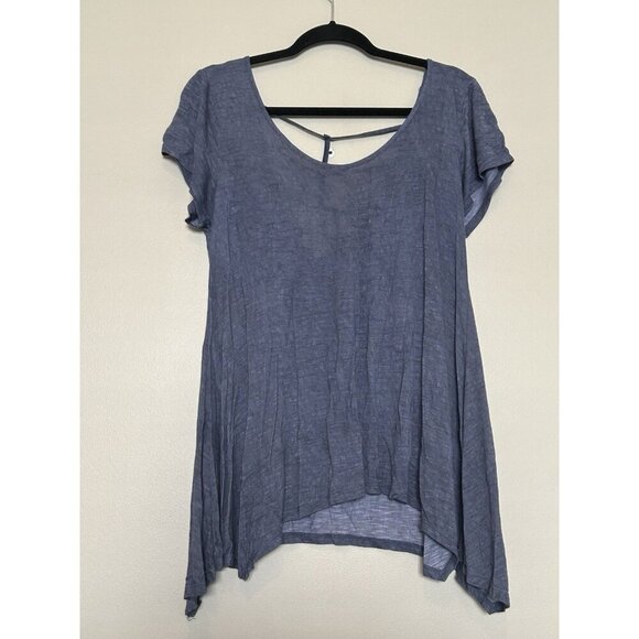 CoverStitched Blue Tee Shirt Short Sleeve Top Flowy Summer Strappy Open Back M - Picture 1 of 7